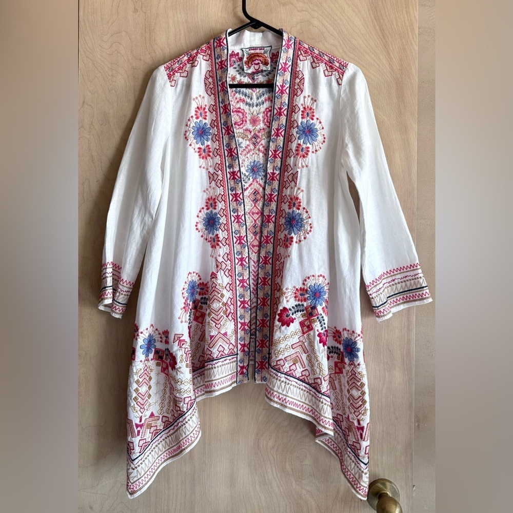 Johnny Was Frederique Embroidered Linen Cardigan J45919-1 White Multi Women’s XS